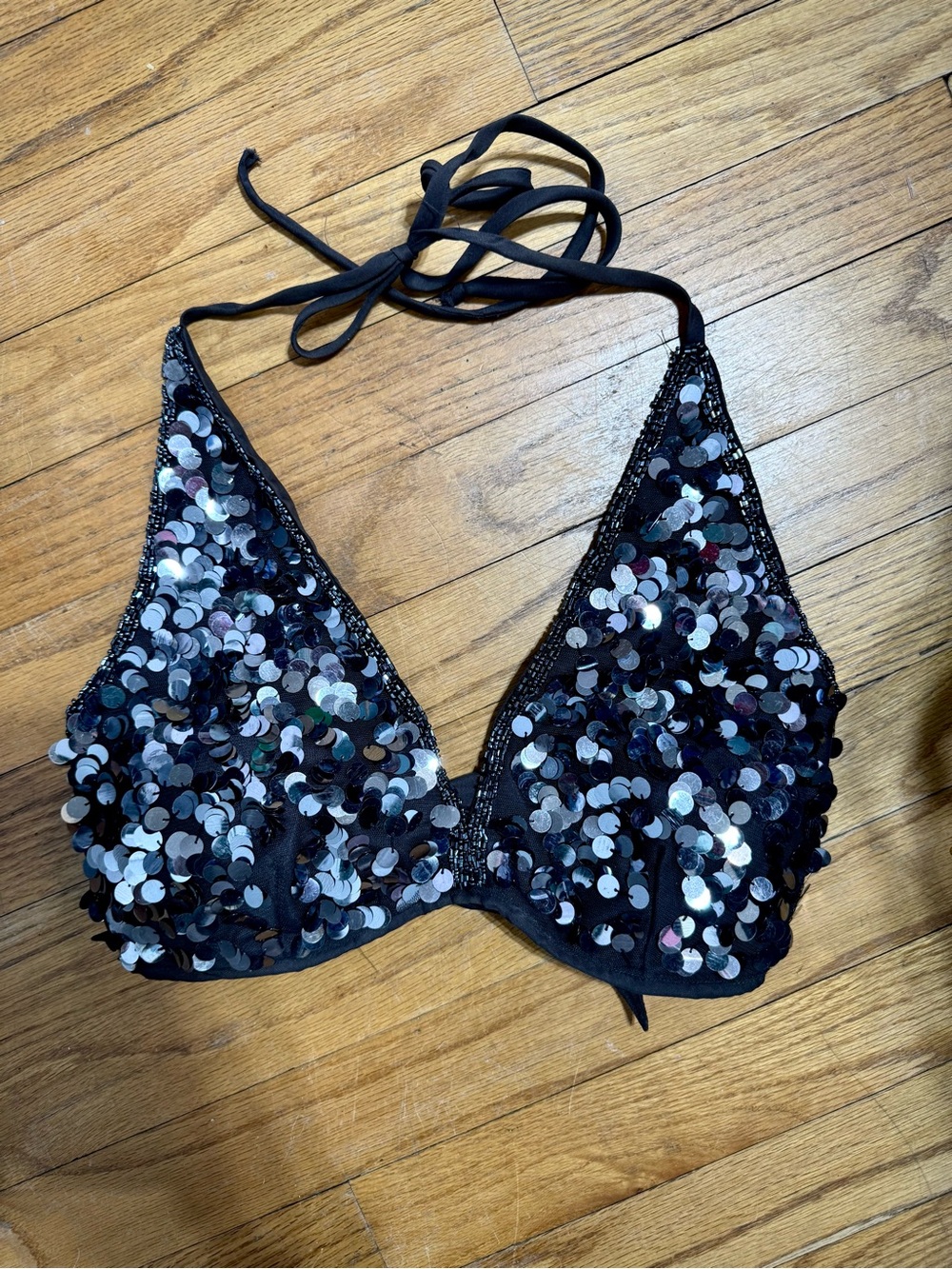 Wet Seal Black Sequin Beaded Halter Triangle Top